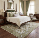 8.6x10 Hand Knotted Ivory and Green Floral Traditional Antique Style Wool Area Rug