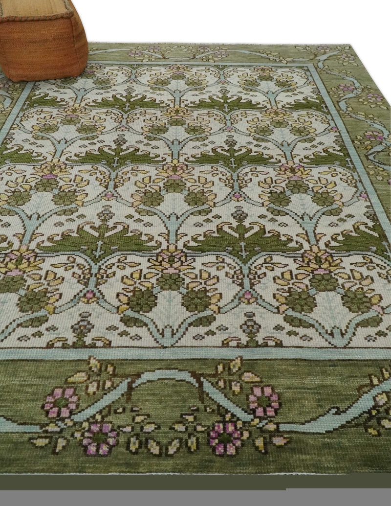 8.6x10 Hand Knotted Ivory and Green Floral Traditional Antique Style Wool Area Rug