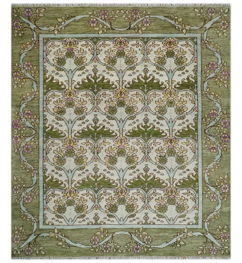 8.6x10 Hand Knotted Ivory and Green Floral Traditional Antique Style Wool Area Rug