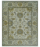 8.6x10 Ivory, Beige and Charcoal Hand Knotted Heriz Serapi Floral Area Rug | TRDCP1186810