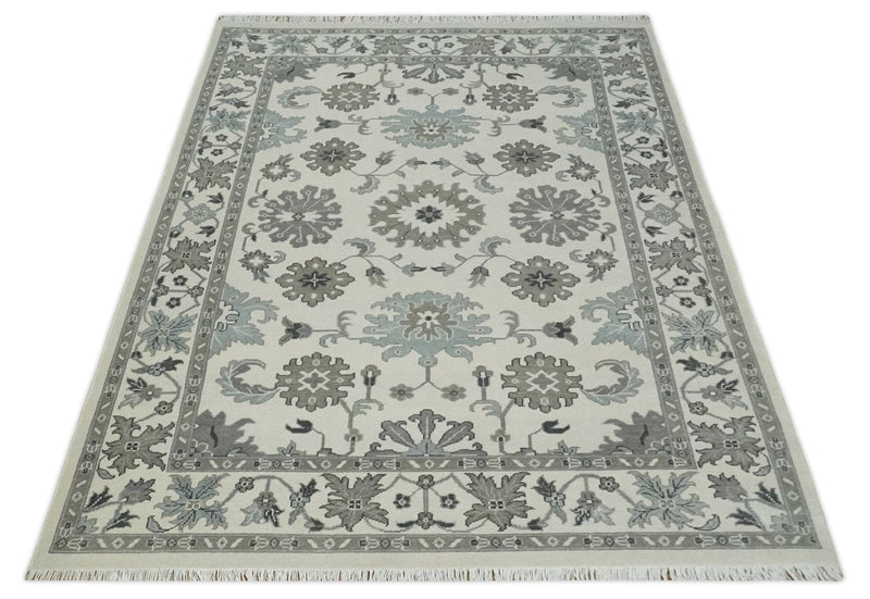 8.6x12 Traditional Ivory and Taupe Antique Style Hand knotted Traditional Wool Area Rug | AC408612