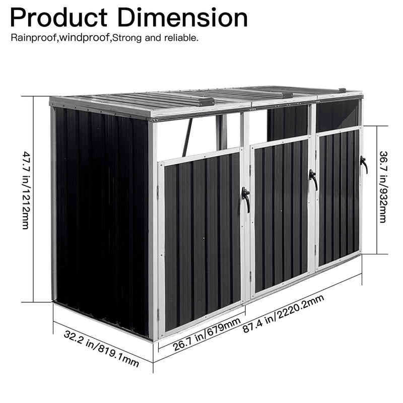 87 Inch Extra Large Heavy Duty Outdoor Metal Garbage Bin Shed For 3 Trash Cans (SAK34981)