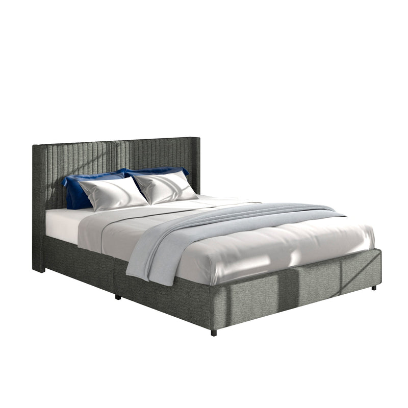 Walker Edison - Anna Queen Size Gray Linen Upholstered Wingback Platform Bed with Patented 4 Drawers Storage, Modern Design Headboard with Tight Channel, Wooden Slat Mattress Support