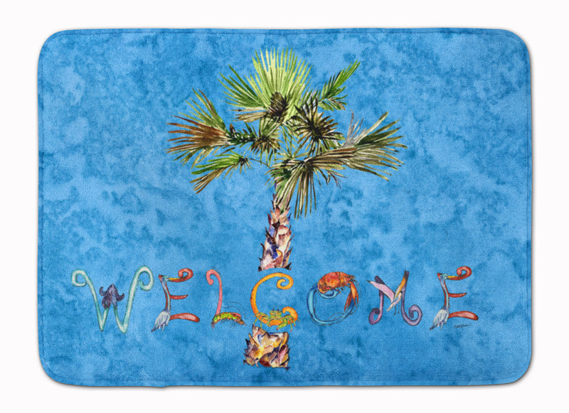 Welcome Palm Tree on Blue Machine Washable Memory Foam Mat 8708RUG