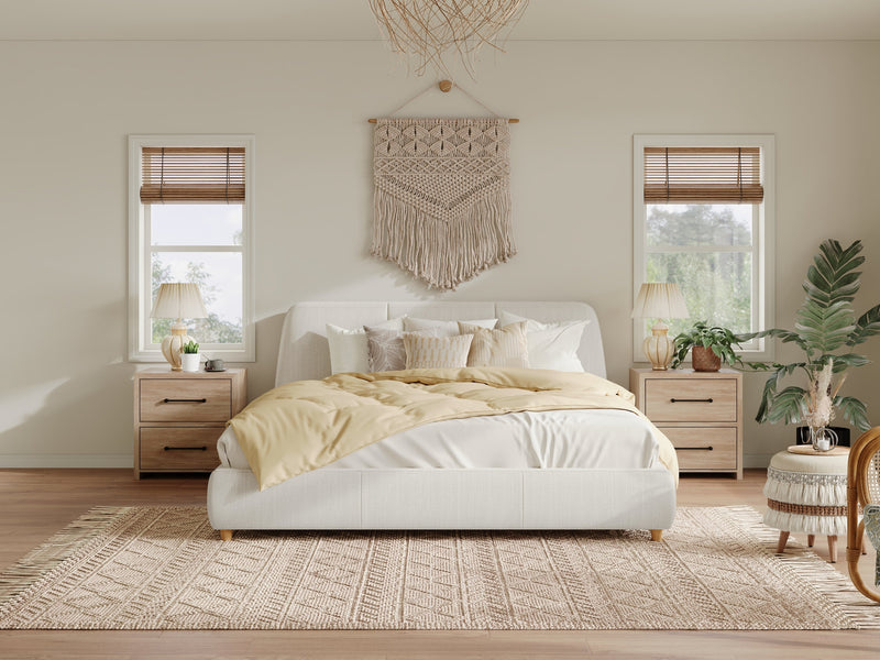 Queen Size Modern Upholstered Bed Frame with Linen Fabric and Solid Wood Legs, White