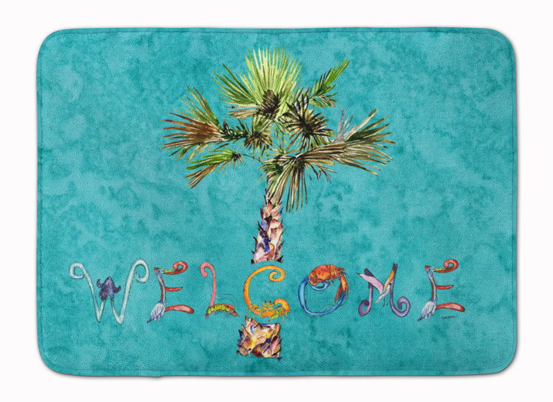 Welcome Palm Tree on Teal Machine Washable Memory Foam Mat 8711RUG