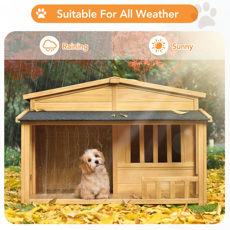 47.2" Wooden Dog House, Outdoor & Indoor Dog Crate, Pet Kennel With Porch, Solid Wood, Weatherproof, Medium, Nature