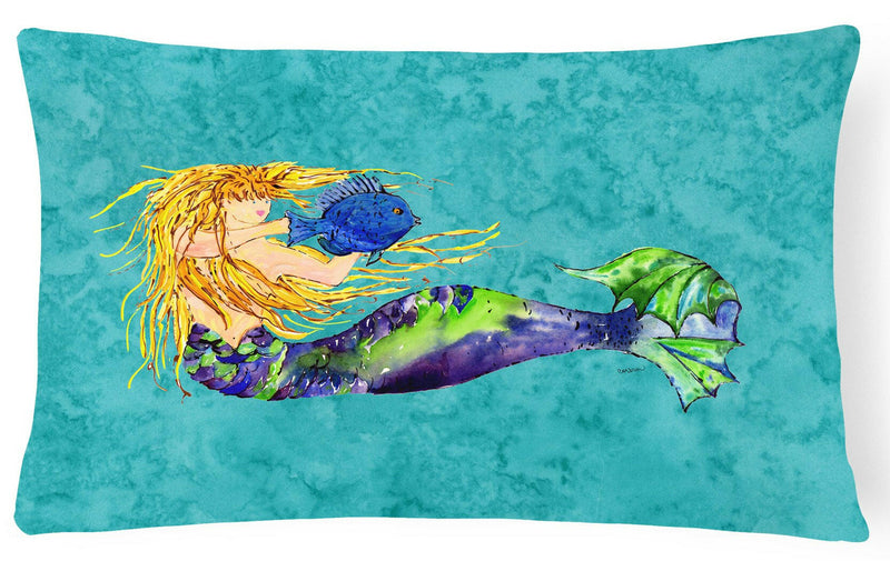 Blonde Mermaid on Teal Canvas Fabric Decorative Pillow 8724PW1216