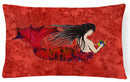Black Haired Mermaid on Red Decorative Throw Pillow 12x16 Indoor Outdoor Accent Cushion, Fabric Cover with Insert for Sofa, Bed, Porch & Living Room