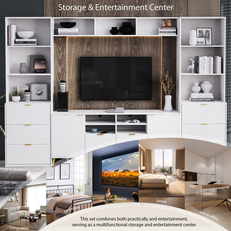 4-Piece Entertainment Wall Unit with 13 shelves,8 Drawers and 2 Cabinets, Multifunctional TV Stand Media Storage Cabinet with Fluted Line Surface for Living Room, for TVs Up to 70"
