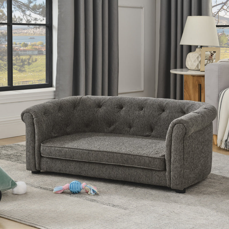 Contemporary Dark Grey Pet Sofa with Arc-Shaped Backrest and Armrests, Breathable Linen and Cozy Soft Cushion for Dogs
