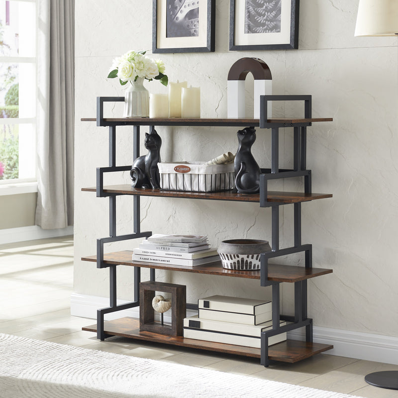 4 Tier Office Bookcase Shelf Rustic Wood Metal Bookshelves Freestanding Open Book Shelf, Industrial Tall Corner Bookcase Easy to Assemble for Home Office, Living Room and Bedroom