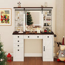 Farmhouse Vanity Desk with Barn-Style Sliding Mirror and 3 Lighting Modes-White by LJGDeals