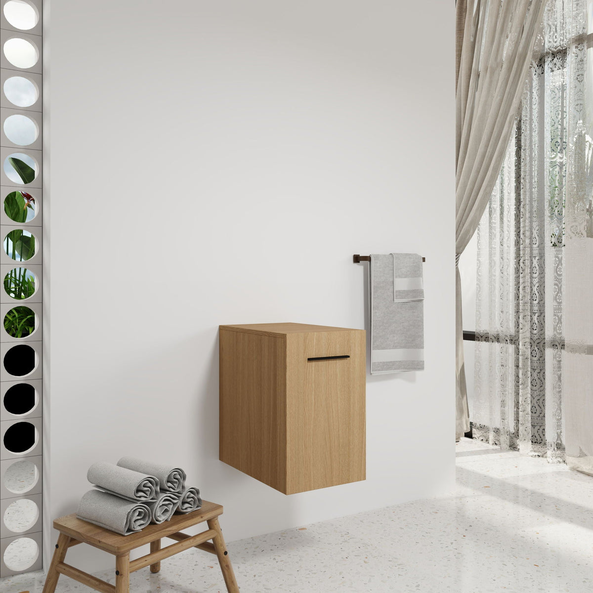 Floating Bathroom Vanity Single Door Base Cabinet, Wall Mounted Storage - Light Oak, photo 6 of 7
