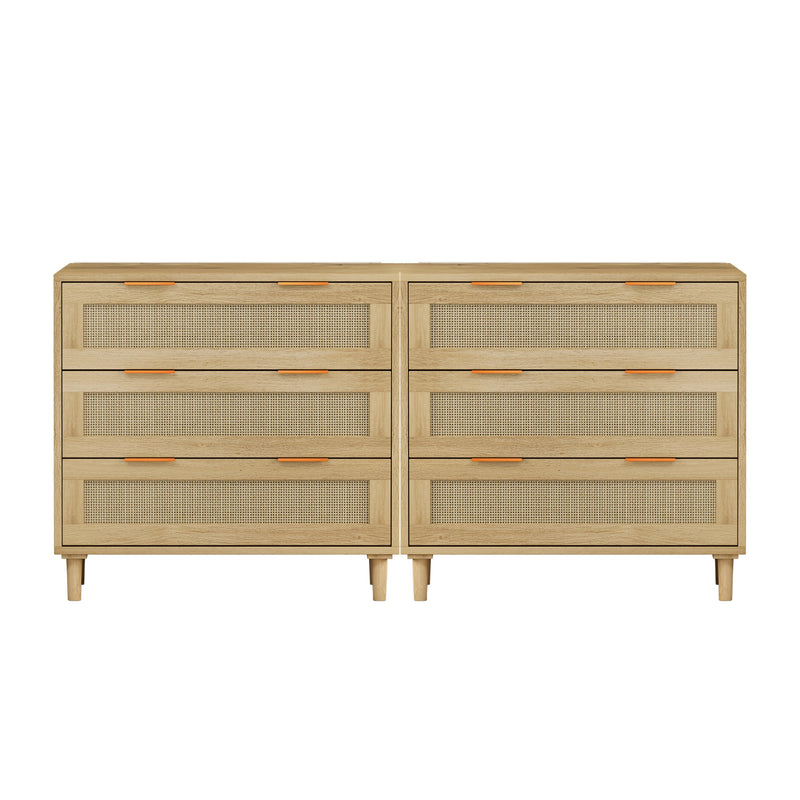 3-Drawers Rattan Storage Cabinet Rattan Drawer (Set of 2),for Bedroom,Living Room,Dining Room,Hallways,Oak