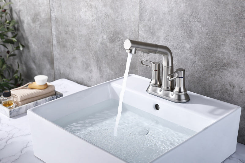 2 Handle Bathroom Sink Faucet 3 Hole with Pull Out Sprayer, Centerset Bathroom Faucets, 4 Inch Centerset Bathroom Faucet with Retractable Hose, Hot and Cold Water Mixing Faucet