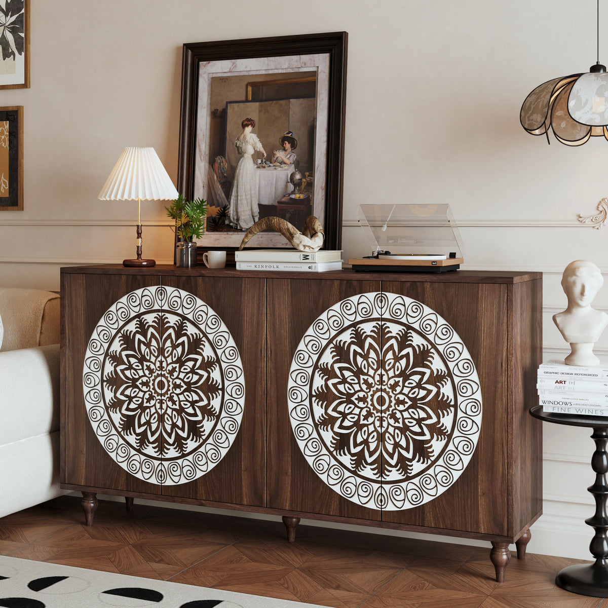 60" Vintage Mandala Carved Sideboard, photo 4 of 10