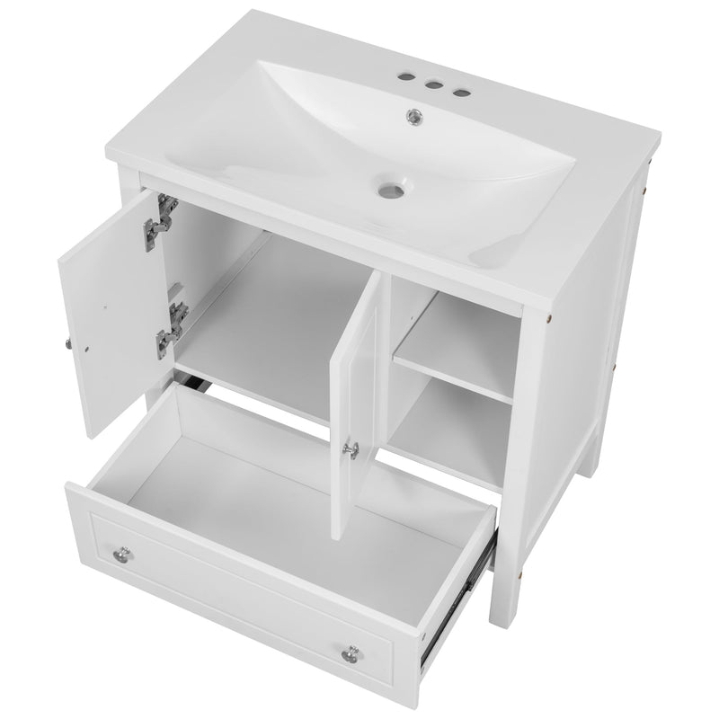 30" Bathroom Vanity with Sink, Bathroom Storage Cabinet with Doors and Drawers, Solid Wood Frame, Ceramic Sink, White