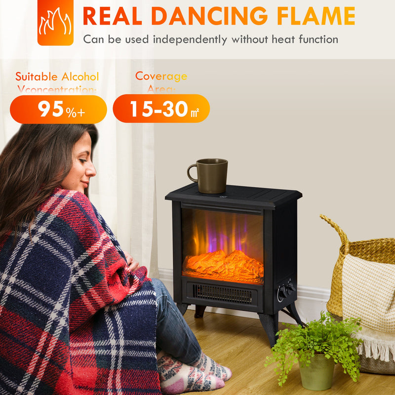 17" Electric Fireplace Stove with Two Heating Modes, Freestanding Fire Place Heater with Realistic Logs LED Flame, Adjustable Temperature, Overheat Protection, 750W/1500W, Black