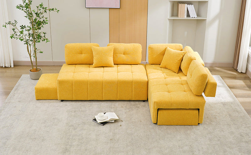91.73" L-shaped Sofa Sectional Sofa Couch with 2 Stools and 2 Lumbar Pillows for Living Room, Yellow