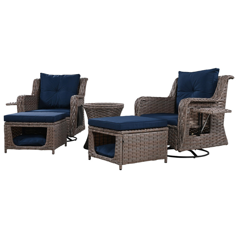 5 Pieces Outdoor Patio Furniture Set with Pet House Cool Bar and Retractable Side Tray, Rattan Wicker Patio Swivel Rocking Chairs Set of 2 with Ottomans for Backyard, Porch, Balcony, Navy Blue