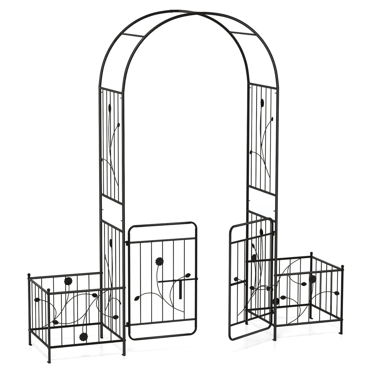 87 Inches Garden Arbor with Lockable Gate Side Planters-Black, photo 3 of 8