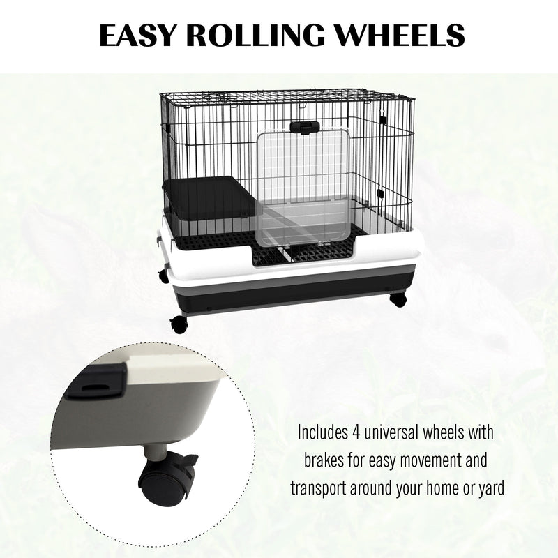2-Level Small Animal Cage Rabbit Hutch with Wheels, Removable Tray, Platform and Ramp for Bunny, Chinchillas, Ferret, Black