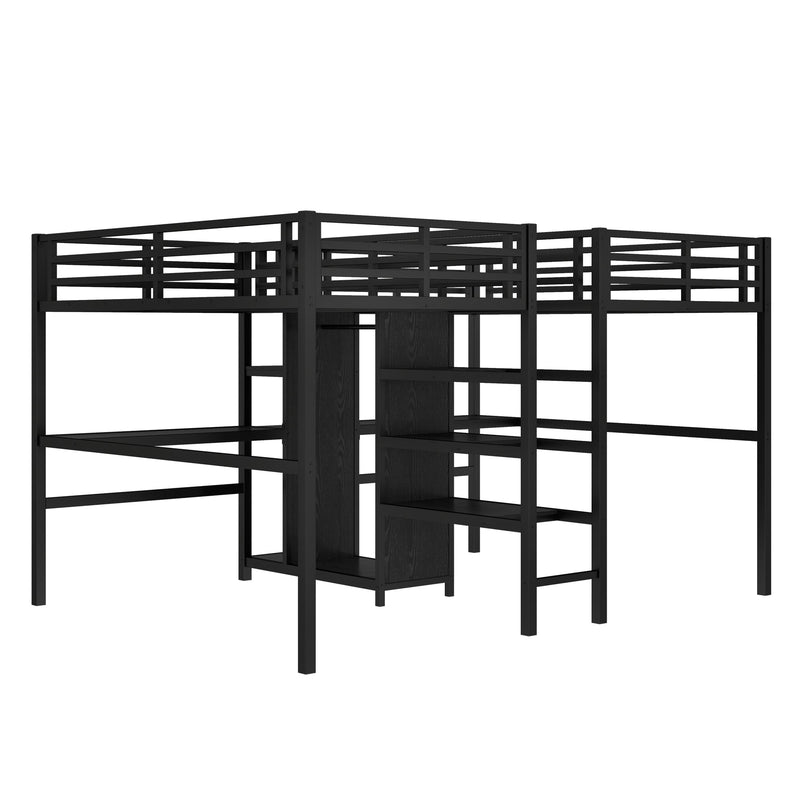 Twin Over Twin Metal Loft Bed with Double Desk and Wardrobe and Shelves with Electrical Outlet for Space Saving and Noise Reduction,Black