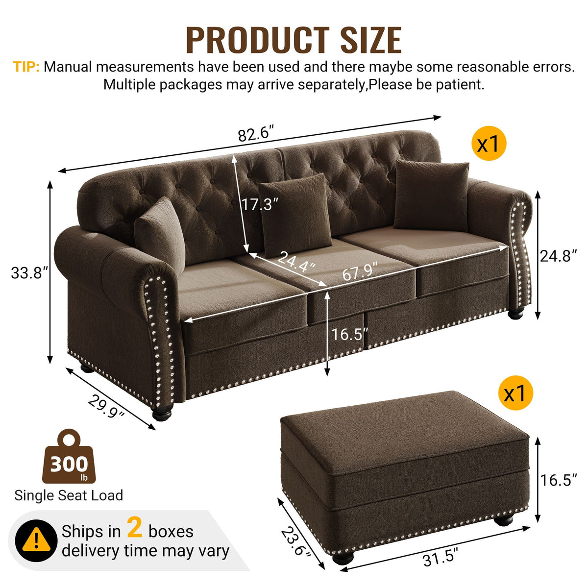 Upholstered 3 Seater Sofa Set With Ottoman, photo 30 of 39