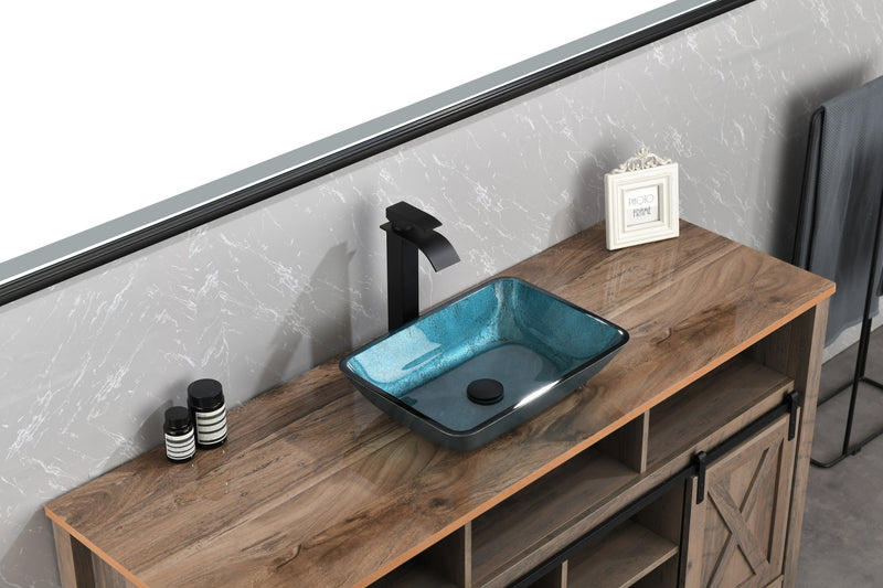 18.125" L -13.0" W -12.0" H Handmade Countertop Glass Rectangular Vessel Bathroom Sink Set in Blue Glass with Matte Black Single-Handle Single Hole Faucet and Pop Up Drain