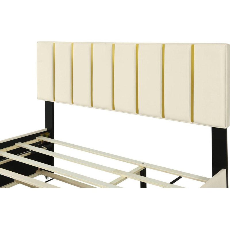 Queen Size Upholstered Platform Bed with 2 Drawers and 1 Trundle, Classic Metal Strip Headboard Design, Beige