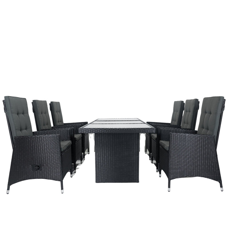 7 Piece Outdoor Patio Wicker Dining Set Patio With Adjustable Backrest Black Wicker + Dark Grey Cushion
