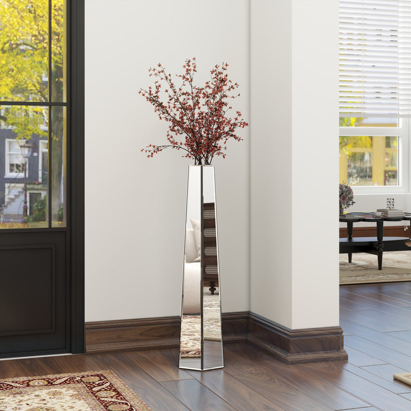 Handmade Silver Glass Floor Vase with Mirrors and MDF, 29.92 Inches Tall