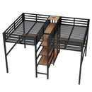 Twin Over Twin Metal Loft Bed with Double Desk and Wardrobe and Shelves with Electrical Outlet for Space Saving and Noise Reduction, woodgrain