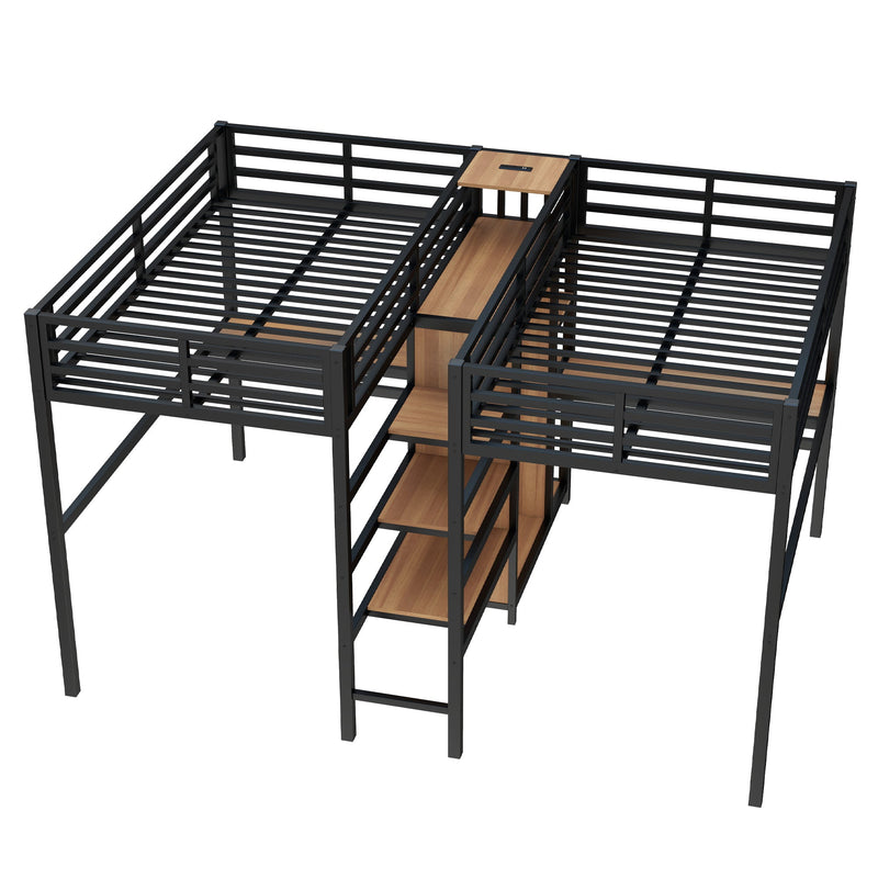 Twin Over Twin Metal Loft Bed with Double Desk and Wardrobe and Shelves with Electrical Outlet for Space Saving and Noise Reduction, woodgrain