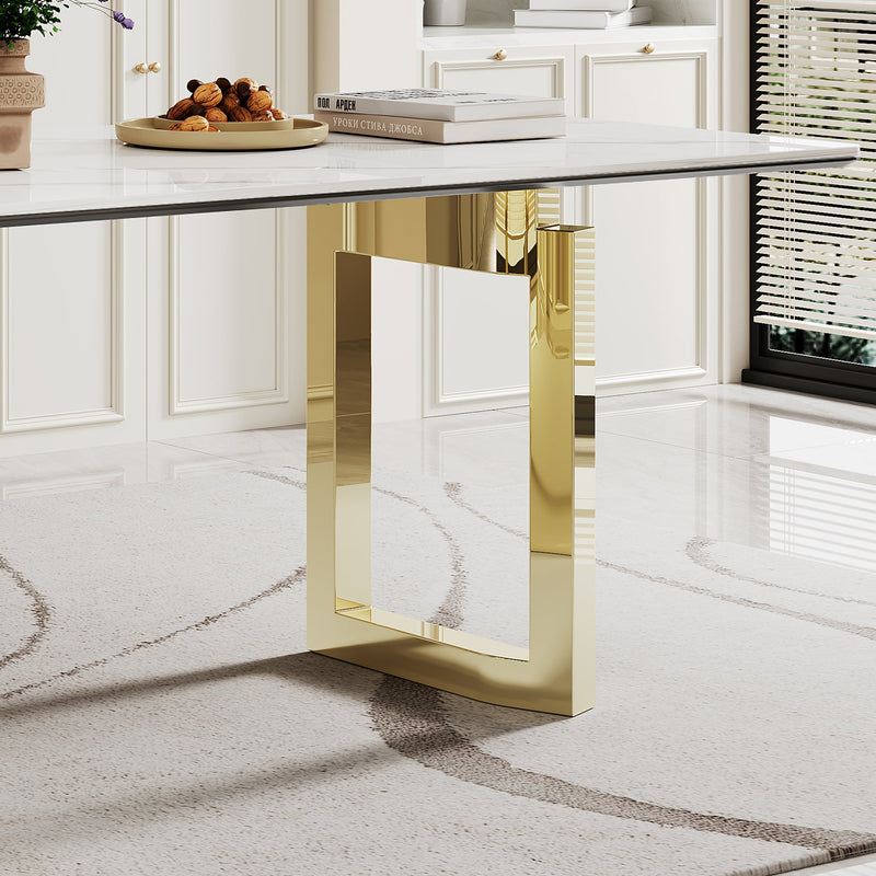 0.47" Thick Sintered Stone Composite Tempered Glass Top Rectangular Dining Table with Stainless Steel Base