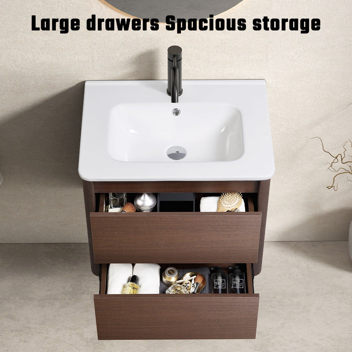 Wall Mounted Bathroom Vanity With Soft Close Drawer - Black Brown, photo 4 of 8