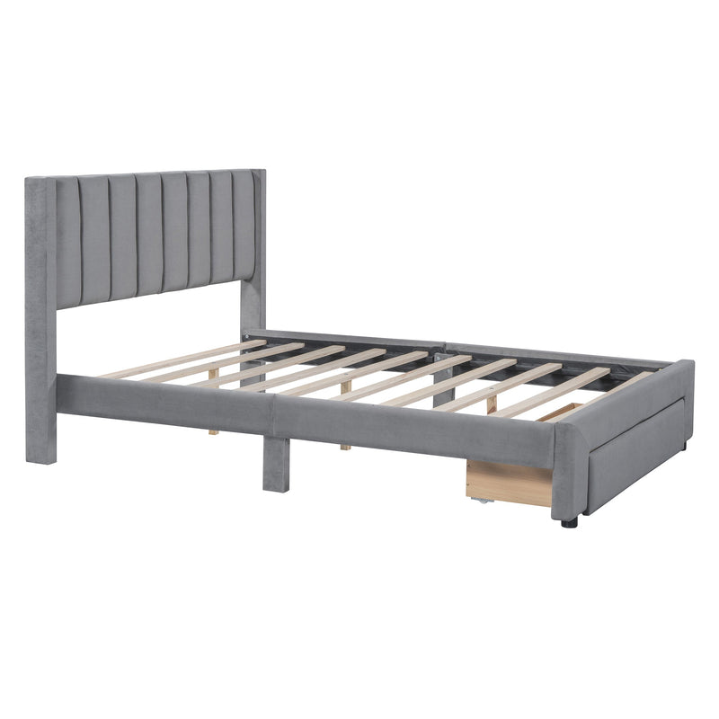 Walker Edison - Full Size Storage Bed Velvet Upholstered Platform Bed with a Big Drawer - Gray