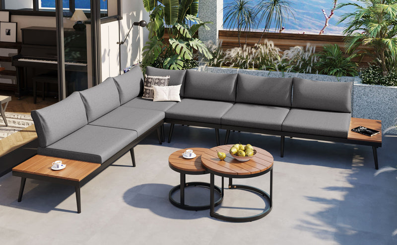 6-Piece Outdoor Sectional Sofa Set with Round Nesting Coffee Tables and Seating Sofa with Cushions for Patio, Porch and Garden (Grey)