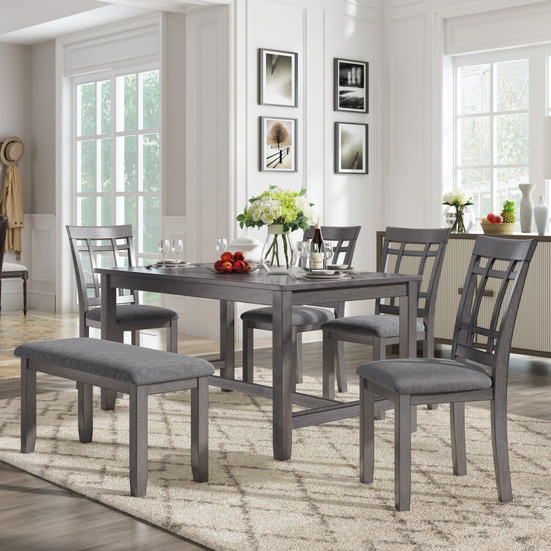 6 Piece Wooden Dining Table set, Kitchen Table set with 4 Chairs and Bench, Farmhouse Rustic Style,Gray