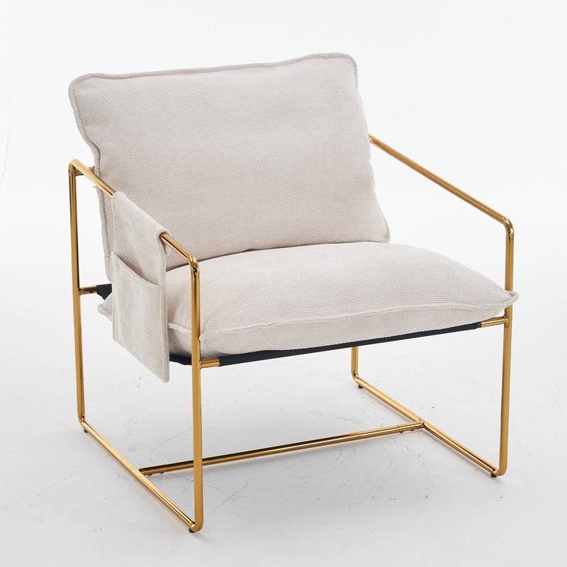 2 Sets 1 Case, Upholstered Hanging Armchair with Arm PocketsMetal frame, gold-plated craftsmanship, crushed foam cushions and skin-friendly woven fabric for living room and bedroom. Beige