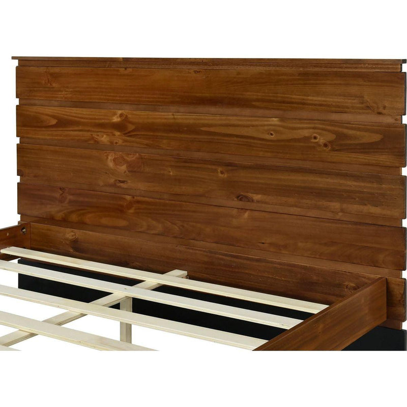 Mid-Century Modern Solid Wood Bed Frame Queen Size Platform Bed with Six-Piece Headboard Design, No Box Spring Needed, Brown