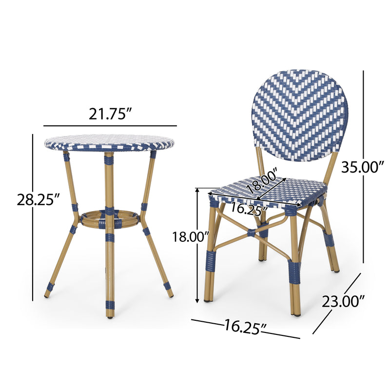 Walker Edison - Outdoor Aluminum 3 Piece French Bistro Set, Navy Blue, White, with Bamboo Finish