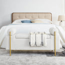 Elegant Upholstered Storage Bench With Cylindrical Arms And Iron Legs,