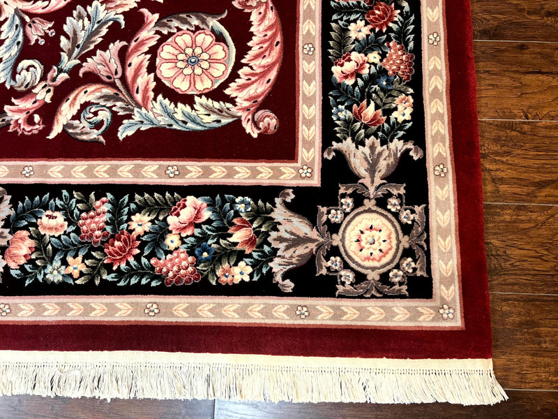 Chinese Aubusson Rug 9x12, Burgundy, Handmade Vintage Wool Carpet, Fine 210 KPSI, Elegant European Design
