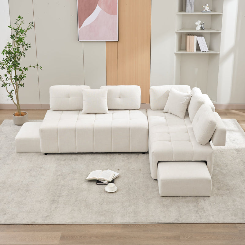91.73" L-shaped Sofa Sectional Sofa Couch with 2 Stools and 2 Lumbar Pillows for Living Room, Biege