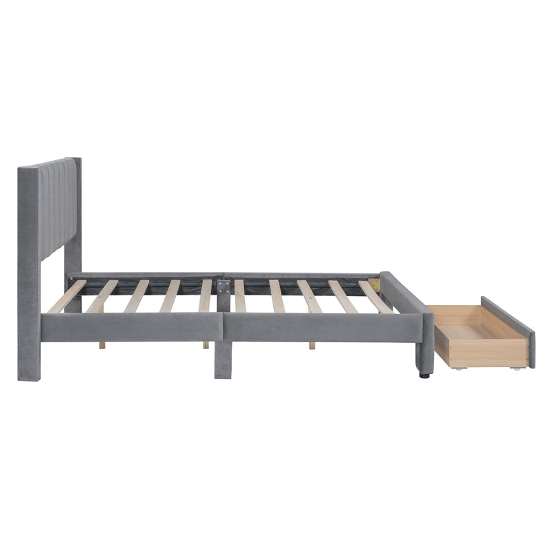 Walker Edison - Full Size Storage Bed Velvet Upholstered Platform Bed with a Big Drawer - Gray