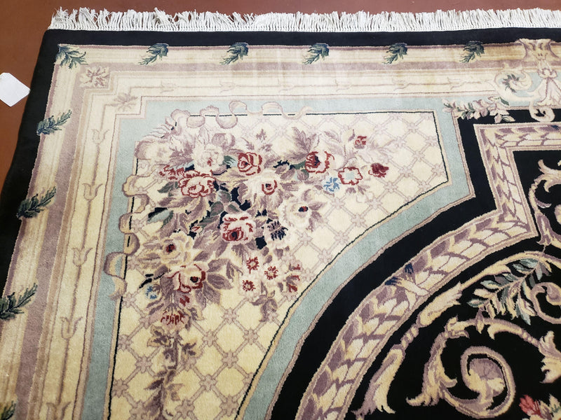 8x10 Aubusson Rug, Fine Hand Knotted Wool Carpet, French European Design, Black & Ivory