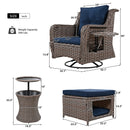 5 Pieces Outdoor Patio Furniture Set with Pet House Cool Bar and Retractable Side Tray, Rattan Wicker Patio Swivel Rocking Chairs Set of 2 with Ottomans for Backyard, Porch, Balcony, Navy Blue