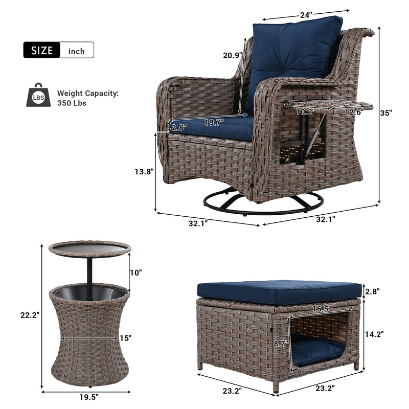 5 Pieces Outdoor Patio Furniture Set with Pet House Cool Bar and Retractable Side Tray, Rattan Wicker Patio Swivel Rocking Chairs Set of 2 with Ottomans for Backyard, Porch, Balcony, Navy Blue